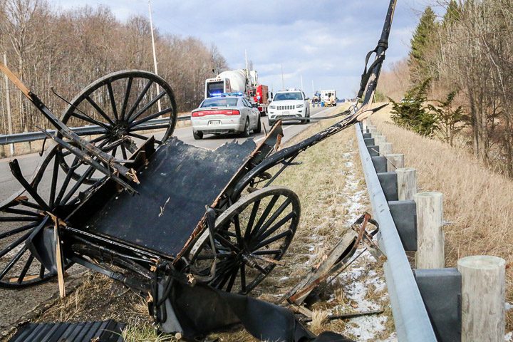 Police respond to a vehicle versus Amish buggy fatality along U.S. 42 north of Ashland, Ohio on March 3, 2017. Failing to maintain an assured clear distance ahead of his vehicle, the driver of a PT Cruiser struck the buggy from behind, ejecting both its occupants and killing the horse drawing the buggy. Lovina Miller, 21, of Polk, was pronounced dead at the scene. Her mother Anna D. Miller, 48, died days later after being airlifted to a nearby hospital.  Photo by Joe Lyons, Ashland County Pictures, used with permission