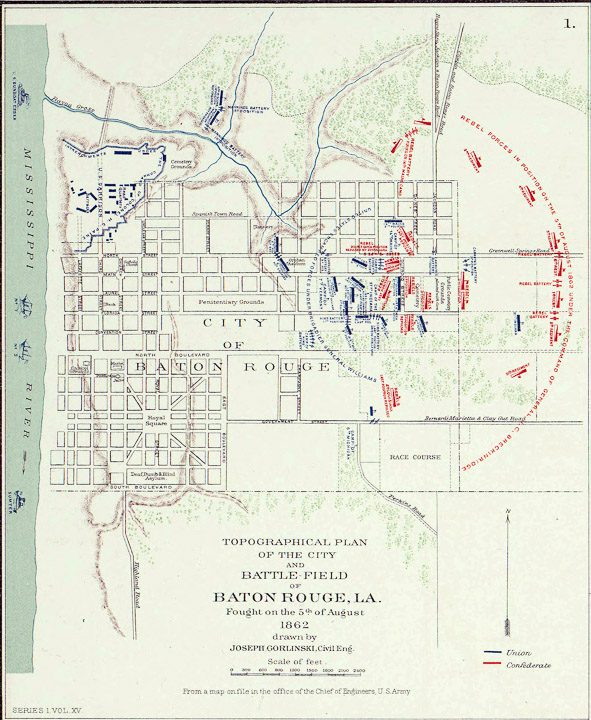 An 1861 topographical map of Baton Rouge, showing both Union (blue) and Rebel (red) positions surrounding Magnolia Cemetery August 5, 1862. Source: Wikimedia Commons