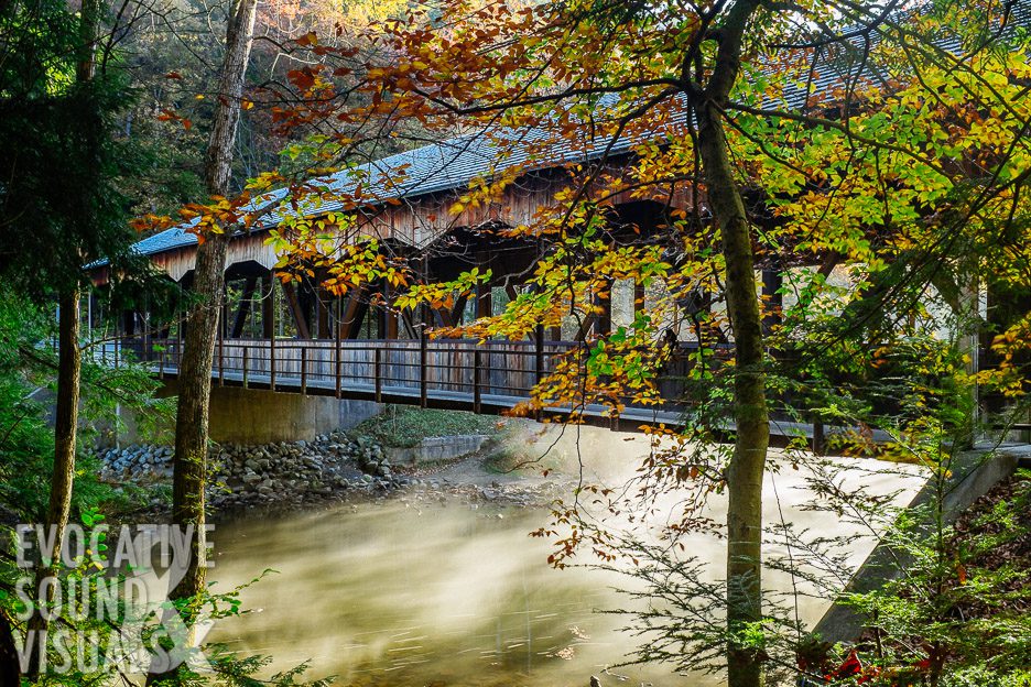 A wooden covered bridge, built in 1968, spans the Clearfork River in Mohican State Park on October 26, 2017. The bridge is the second one at this location. The first was taken from the village of Newville prior to its impoundment by the reservoir. Photo by Richard Alan Hannon