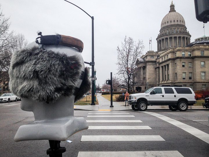 DIY binaural recording head deployed on the streets of downtown Boise, Idaho. Photo by Richard Alan Hannon