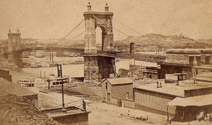 Carte de visite of the "Suspension Bridge Cincinnati" (from a stamp on the back), taken from Covington looking toward Cincinnati, ca. 1870