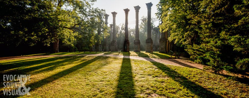 Morning light casts long shadows at Windsor Ruins near Port Gibson, Mississippi. Stitched panoramic photo by Richard Alan Hannon