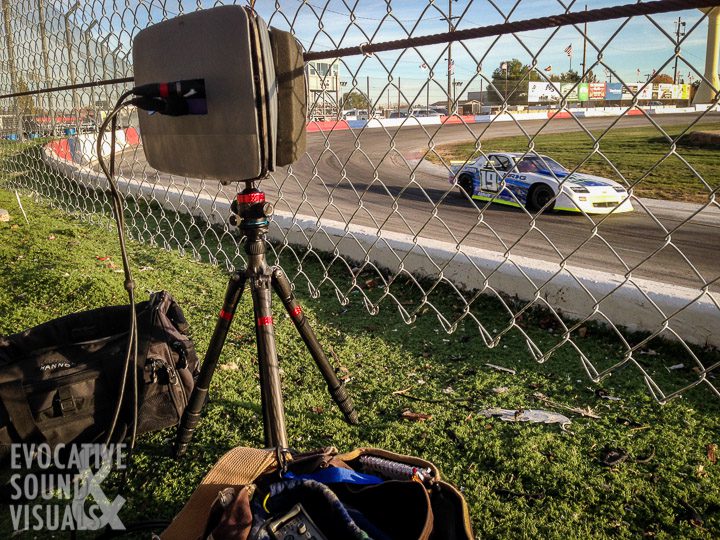 Recording the sound of stock cars practicing on the quarter-mile oval track at Meridian Speedway with a DIY SASS microphone rig on October 23, 2020. Photo by Richard Alan Hannon