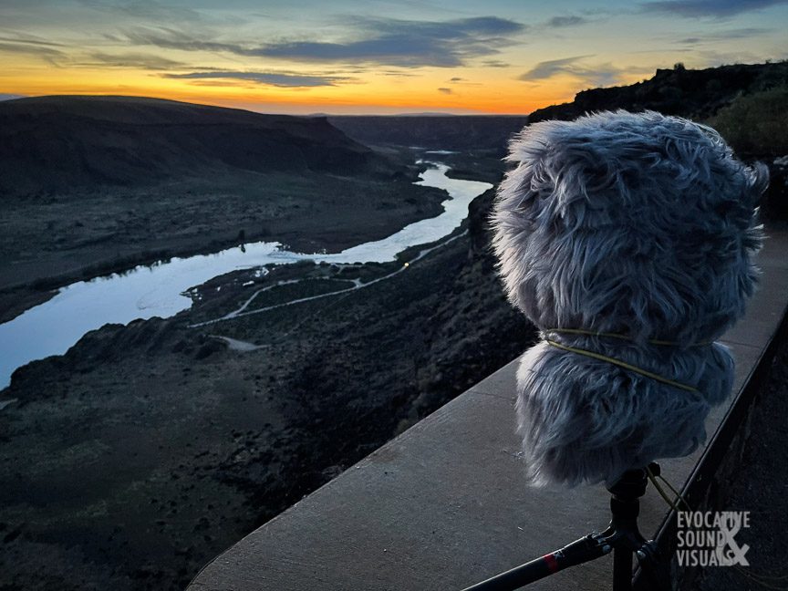 Recording the sound of the Snake River with a binaural microphone from Dedication Point in southwestern Idaho on April 28, 2021. Bats that roost in the basalt rocks above the river come out at sunset. Photo by Richard Alan Hannon
