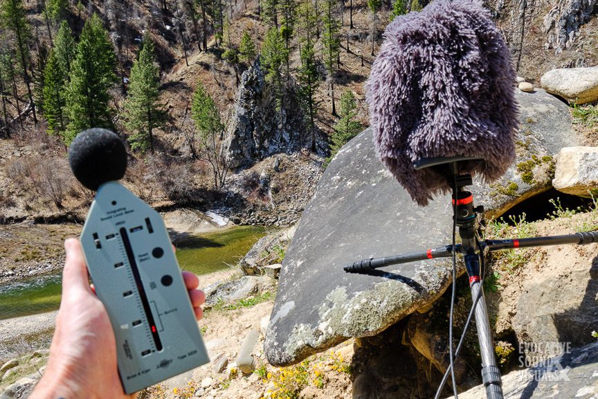 Recording the sound of geothermal waters cascading down a mountainside toward the Payette River at Pine Flat Hot Springs in central Idaho on Friday, April 16, 2021. Photo by Richard Alan Hannon