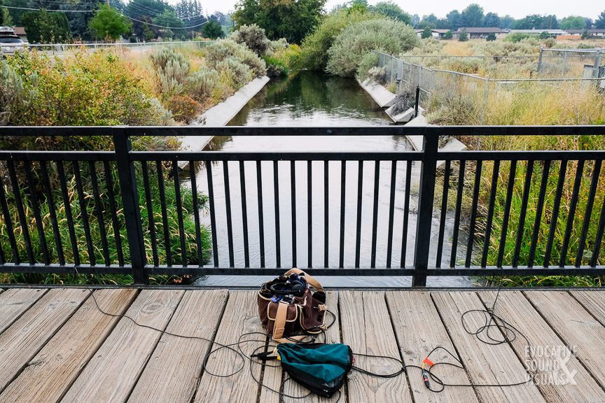 Recording the underwater sound of Settlers Canal as it flows past the entrance to Hyatt Hidden Lake Reserve in Garden City, Idaho on Monday, August 24, 2020. Photo by Richard Alan Hannon