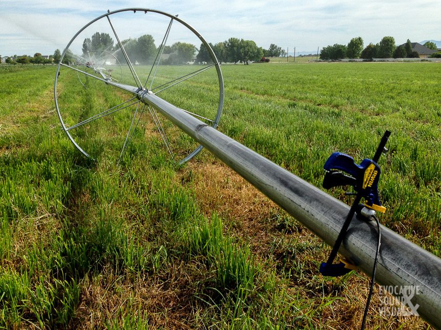 Recording the sound of wheel line irrigation in a field south of Meridian, Idaho on June 27, 2020. Photo by Richard Alan Hannon