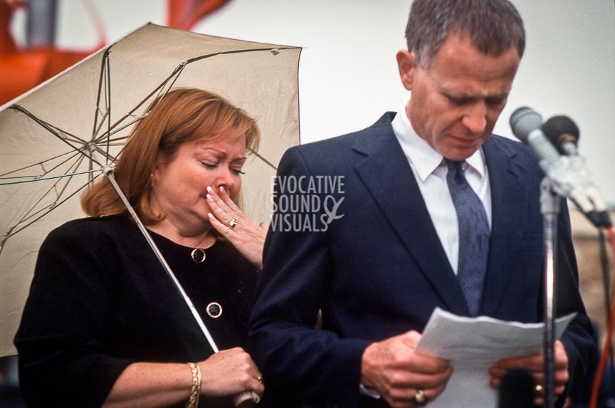 Judy Shepard, left, cries as her husband, Dennis Shepard, reads a statement to the media prior to their son Matthew Shepard's funeral in Casper, on Friday, October 16, 1998. Photo by Richard Alan Hannon