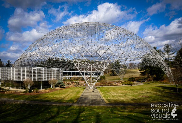 Wind Rushing Across a Geodesic Dome. The open latticework geodesic dome that spans ASM International’s headquarters at Materials Park in Novelty, Ohio on Wednesday, February 15, 2023. The dome, built in 1958 of extruded aluminum pipe in 1958, contains over 65,000 parts. It is the world’s largest open-work geodesic dome, standing 103 feet high, measuring 250 feet in diameter and weighing 80 tons. Photo by Richard Alan Hannon