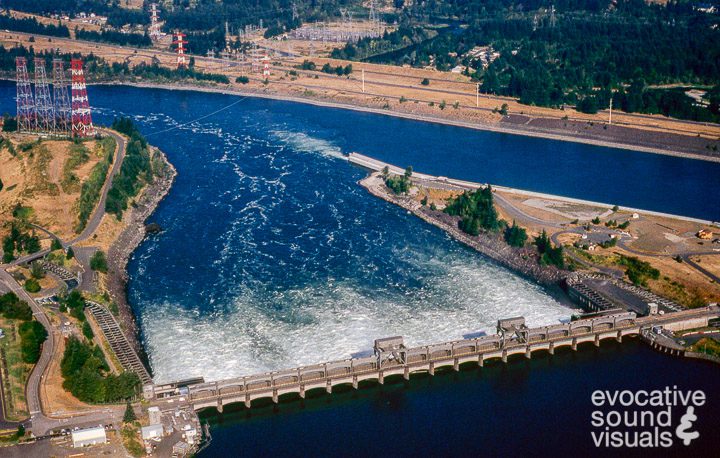 Aerial photograph of the Bonneville Lock and Dam in August 2004. Located 145 miles from the mouth of the Columbia River, the hydroelectric dam, constructed in 1934, is owned and operated by the U.S. Army Corps of Engineers. Photo by Richard Alan Hannon