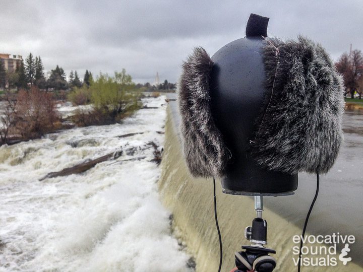 Recording the sound of Idaho Falls with a quasi-binaural head microphone in Idaho Falls, Idaho on May 1, 2018. Photo by Richard Alan Hannon