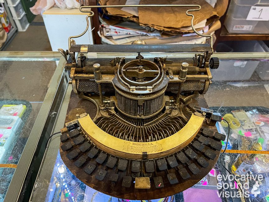 Recording the sound of a vintage Hammond typewriter with contact microphones in Canton, Ohio on Tuesday, April 4, 2023. Photo by Richard Alan Hannon