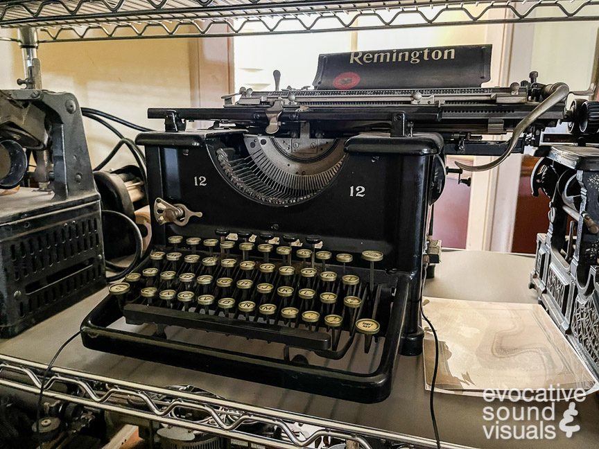 Recording the sound of a vintage Remington Number 12 standard typewriter inside the Bedford Historical Society in Bedford, Ohio on Tuesday, May 30, 2023. Photo by Richard Alan Hannon