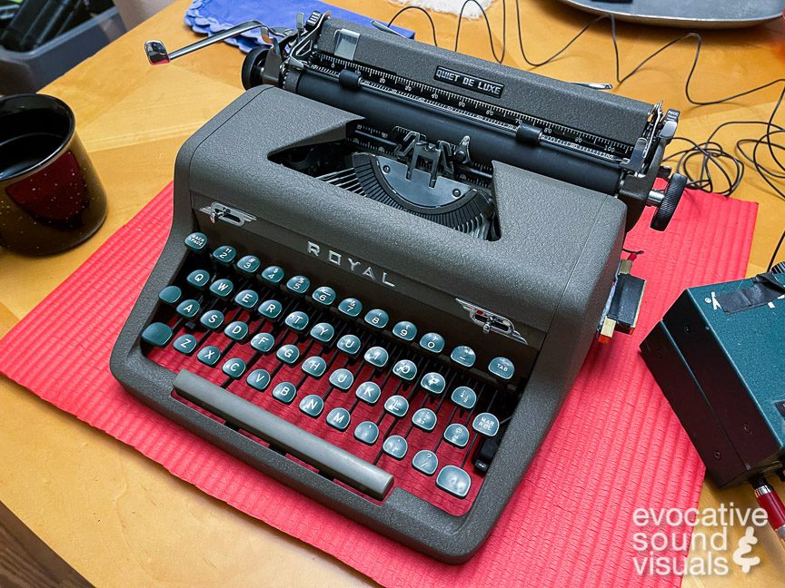 Recording the sound of a 1951 Royal Quiet DeLuxe portable typewriter with a pair of contact microphones. Photo By Richard Alan Hannon