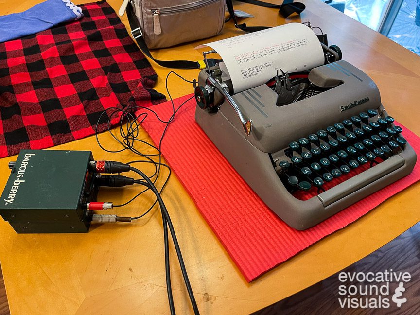 Capturing the sound of a Smith Corona Silent portable typewriter with a pair of contact microphones. Photo by Richard Alan Hannon