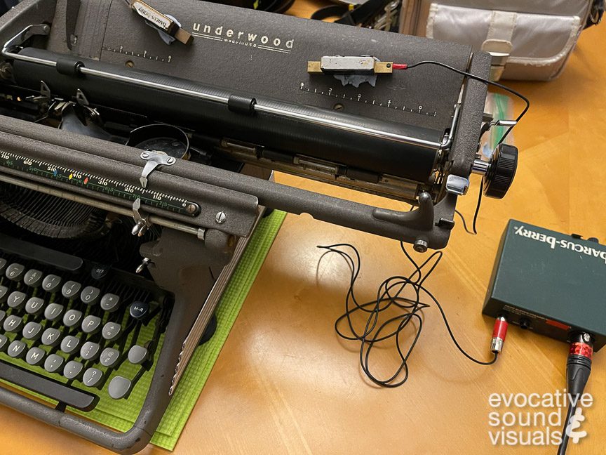 Recording the sound of a 1949 Underwood Rhythm Touch standard typewriter with a pair of contact microphones. Photo By Richard Alan Hannon