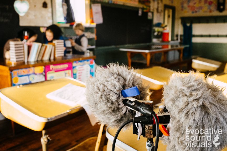Amish children speak with their teacher and wait for class to begin following the first bell north of Mansfield, Ohio on Tuesday, February 20, 2018. A Sound Devices 702 recorder with Line Audio CM3 mics in ORTF was used. Photo by Richard Alan Hannon