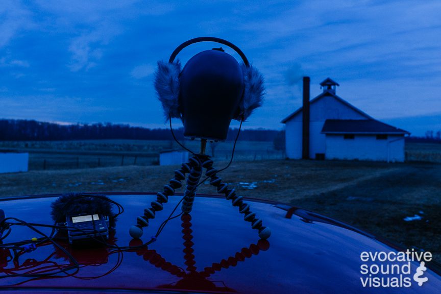 Recording the sound of an Amish schoolyard and the morning bell on Thursday, February 1, 2018, using a Sony PCM D100 and Luhd A/B microphones on a DIY quasi-binaural head. Photo by Richard Alan Hannon