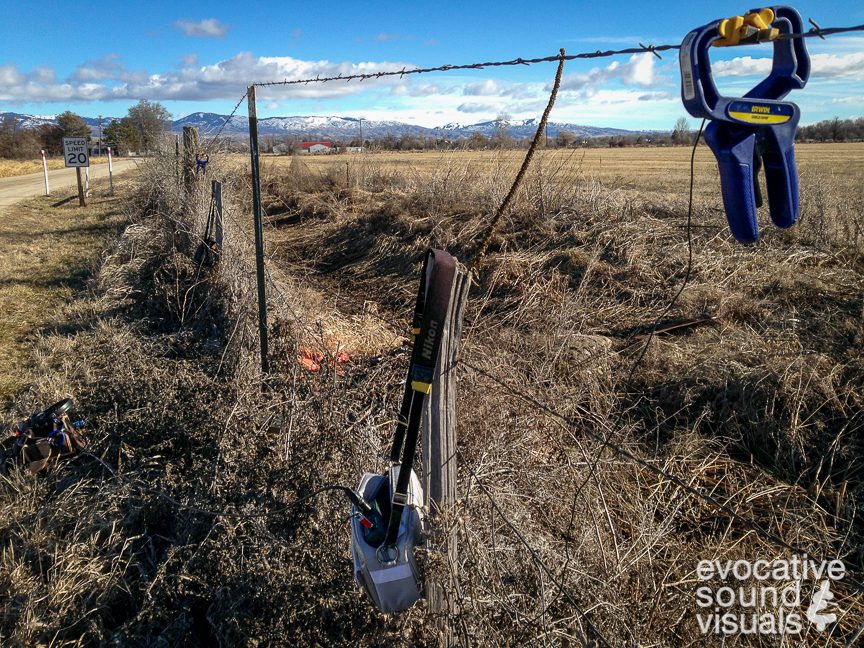Capturing the sound of wind as it travels over a barbed wire fence in Eagle, Idaho on January 21, 2019. Photo by Richard Alan Hannon