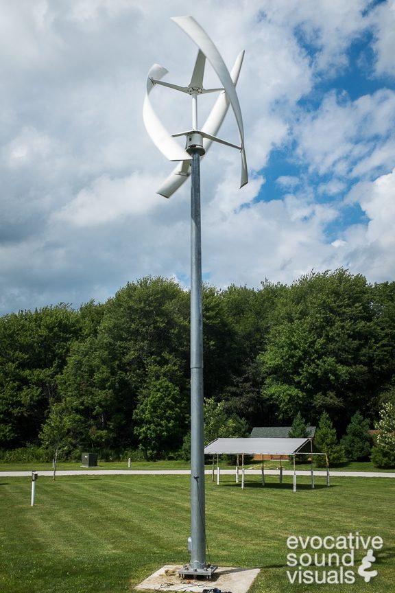 The spiral-design wind turbine at Observatory Park in Geauga County, Ohio, August 18, 2017. This type of turbine was chosen to hopefully lesson the incidences of bird and bad collisions, according to park Naturalist Dan Best. Photo by Richard Alan Hannon