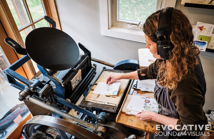 Angela R. Stewart, Owner, designer & press operator at Ladybug Press, operates her nearly 100-year-old Chandler & Price letterpress at her shop in Boise, Idaho on Friday, April 5, 2019. Photo by Richard Alan Hannon